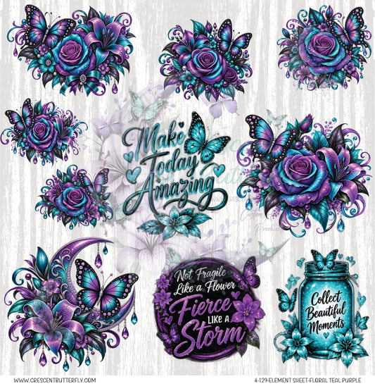 4-129-Element Sheet-Floral Teal Purple UV DTF