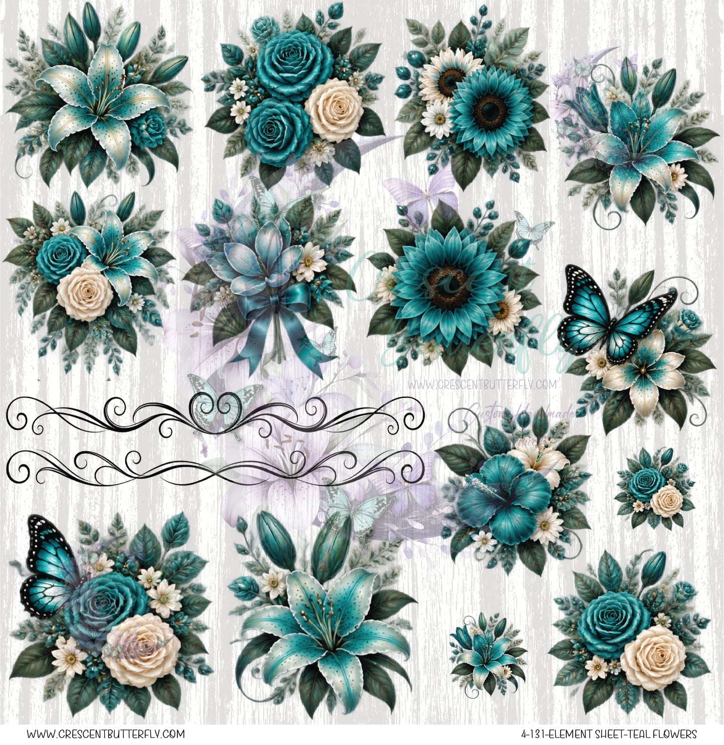 4-131-Element Sheet-Teal Flowers UV DTF