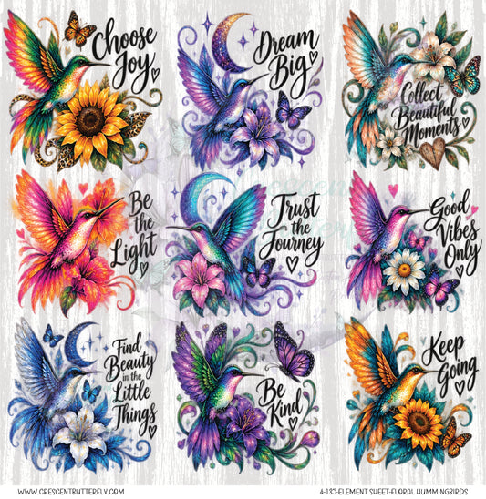 4-135-Element Sheet-Floral Hummingbirds UV DTF