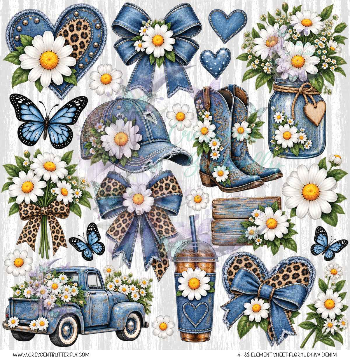 4-183-Element Sheet-Floral Daisy Denim UV DTF