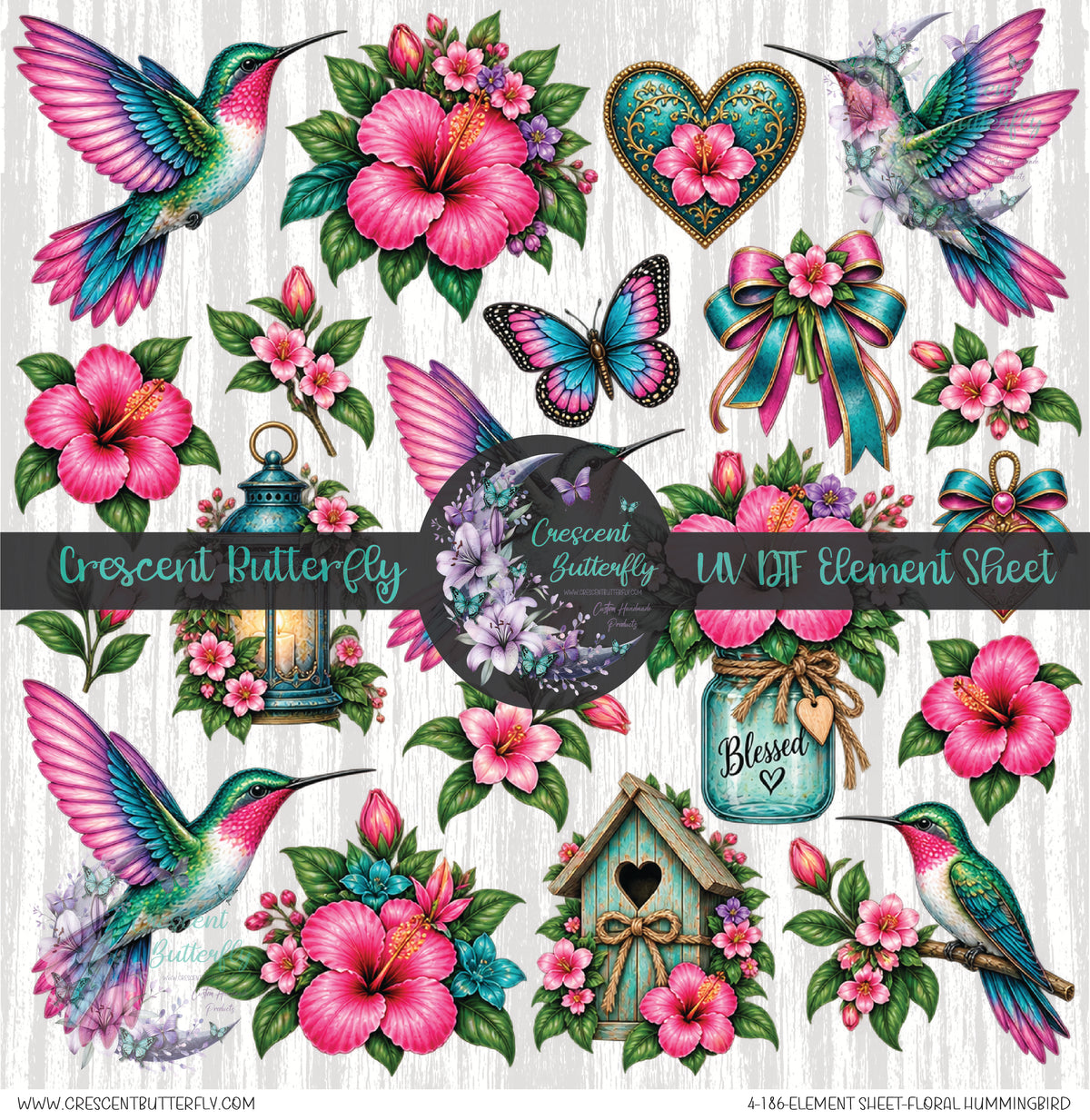 4-186-Element Sheet-Floral Hummingbird UV DTF