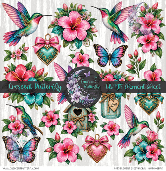 4-187-Element Sheet-Floral Hummingbird UV DTF