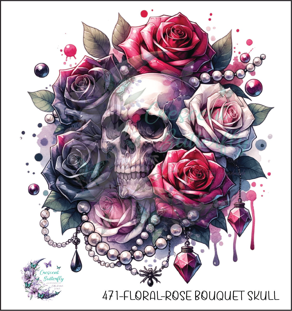 471-Floral-Rose Bouquet Skull UV DTF Decal