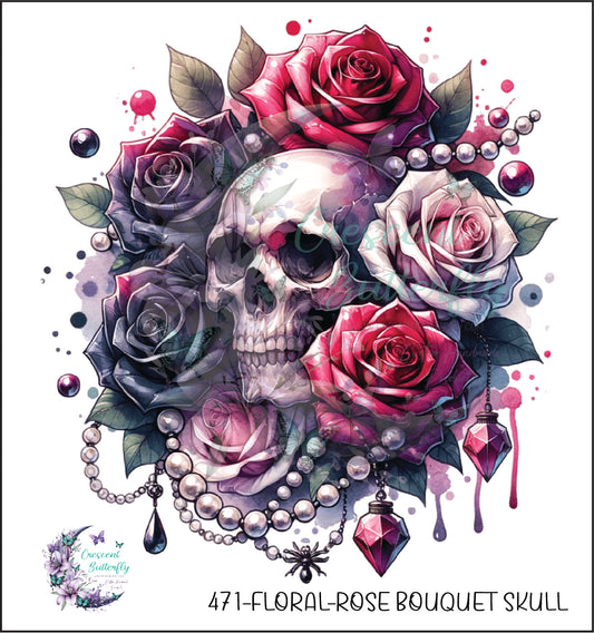 471-Floral-Rose Bouquet Skull UV DTF Decal