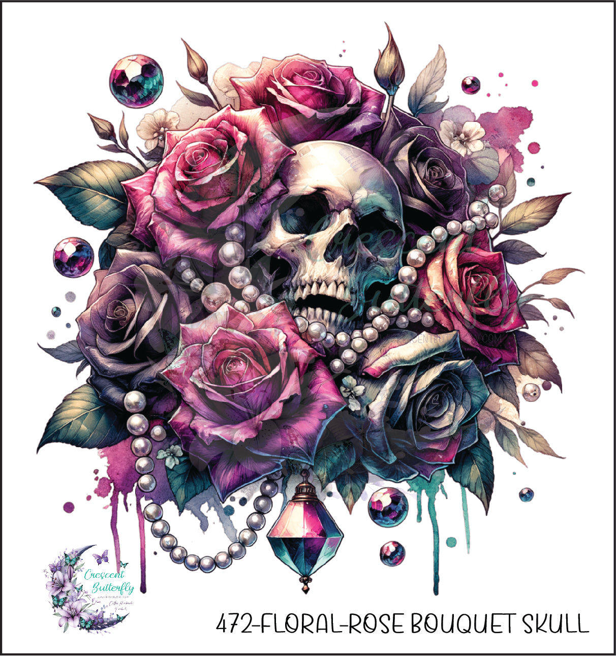 472-Floral-Rose Bouquet Skull UV DTF Decal
