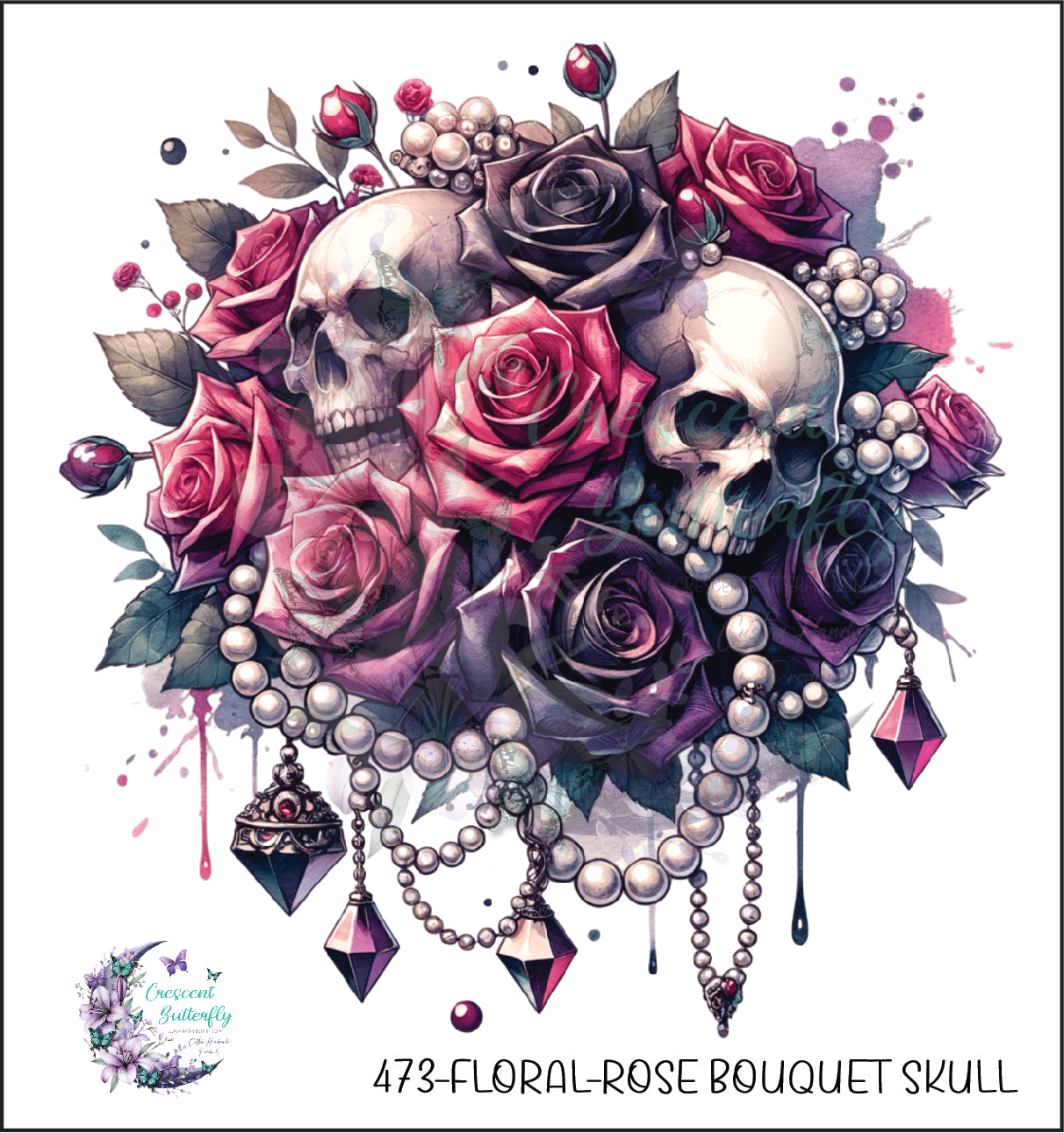 473-Floral-Rose Bouquet Skull UV DTF Decal