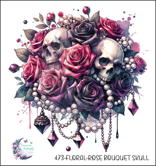 473-Floral-Rose Bouquet Skull UV DTF Decal