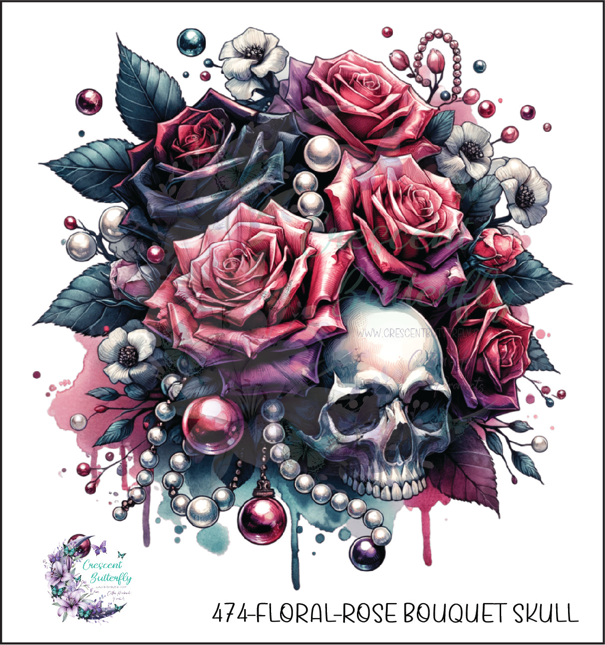 474-Floral-Rose Bouquet Skull UV DTF Decal