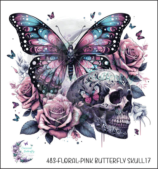 483-Floral-Pink Butterfly Skull17 UV DTF Decal