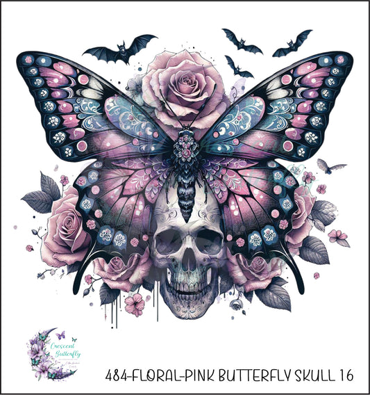 484-Floral-Pink Butterfly Skull 16 UV DTF Decal