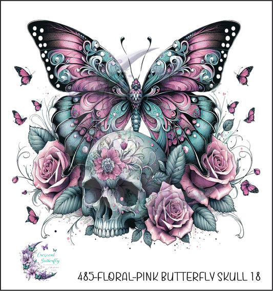 485-Floral-Pink Butterfly Skull 18 UV DTF Decal
