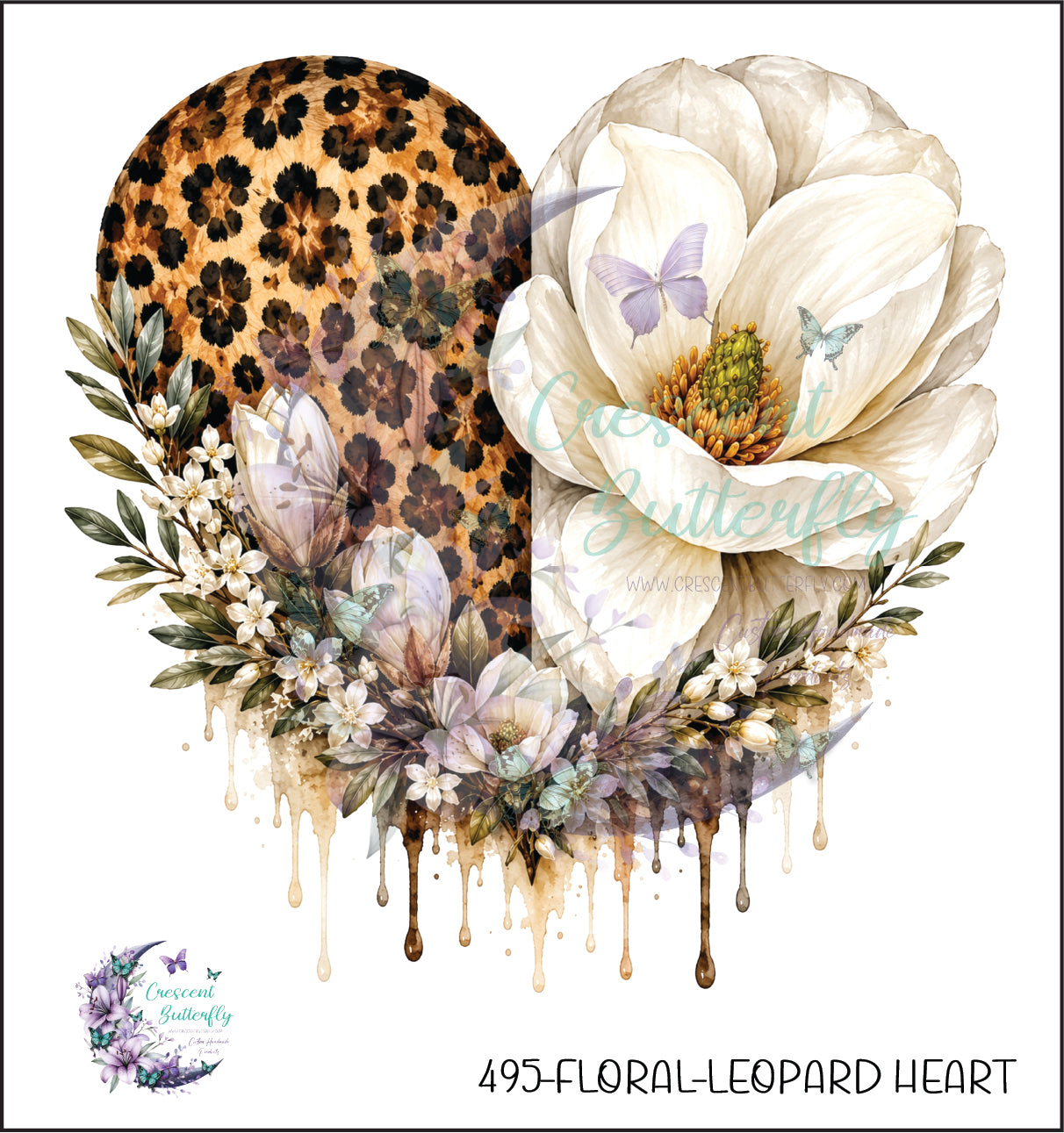 495-Floral-Leopard Heart UV DTF Decal