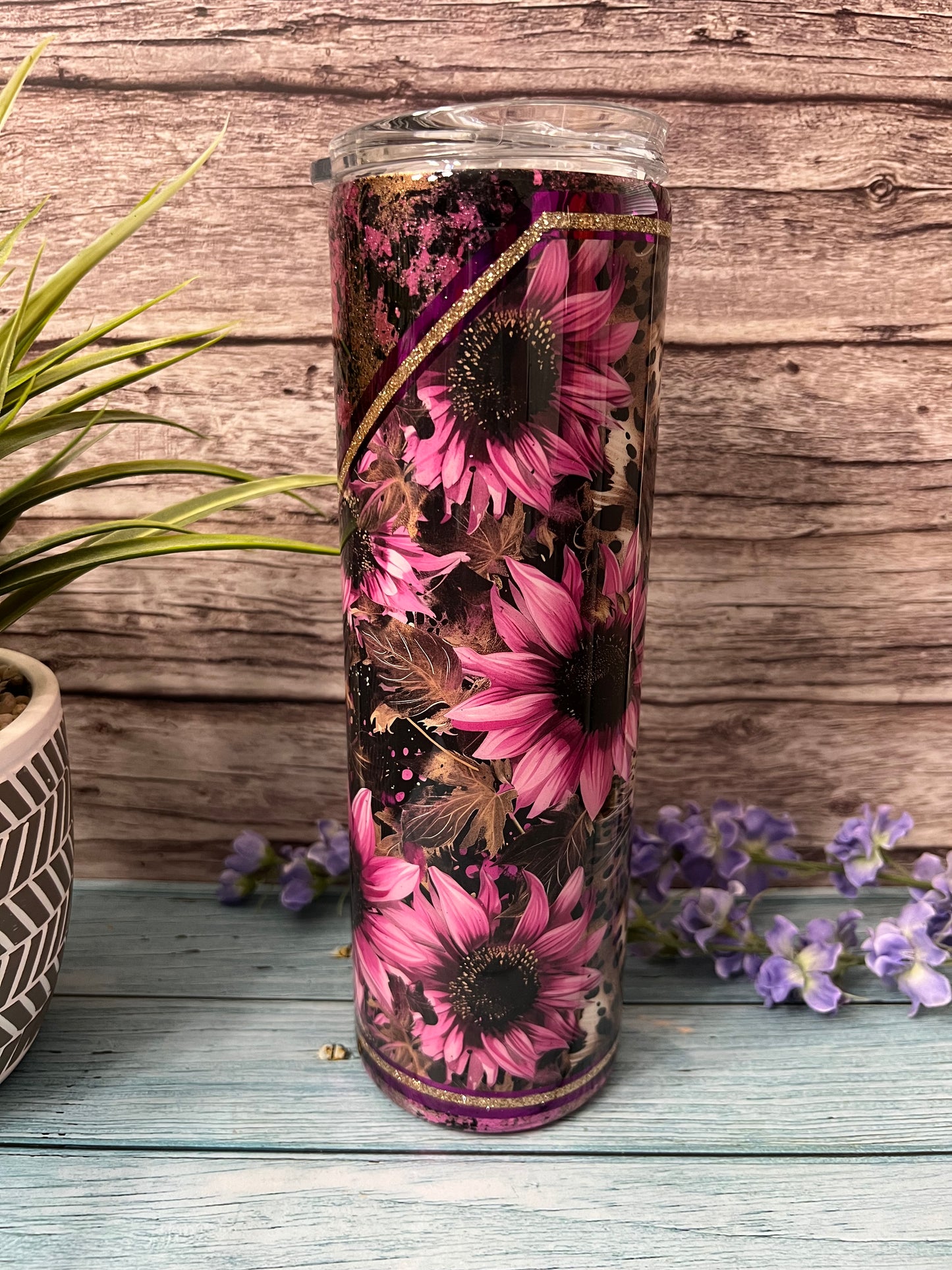 Pink Sunflower Leopard Handmade Custom Epoxy Tumbler