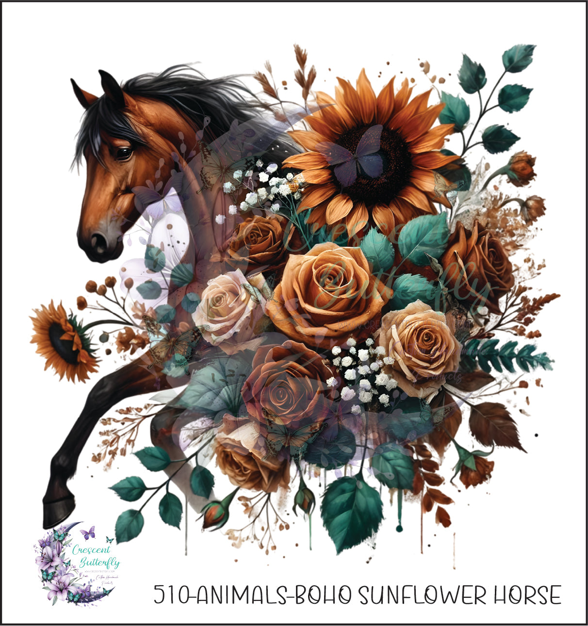 510-Animals-Boho Sunflower Horse UV DTF Decal