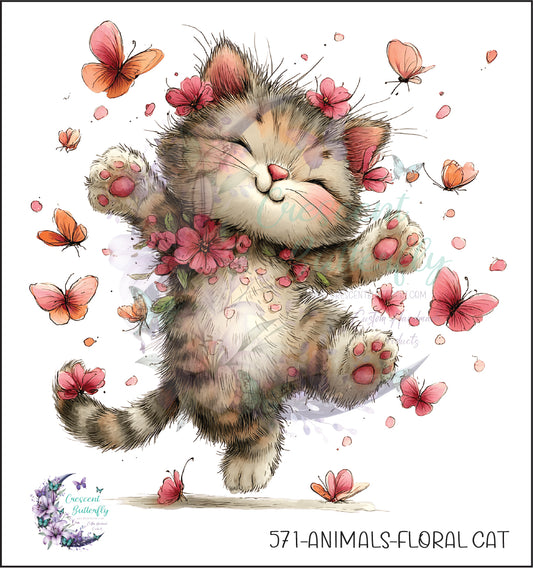571-Animals-Floral Cat UV DTF Decal