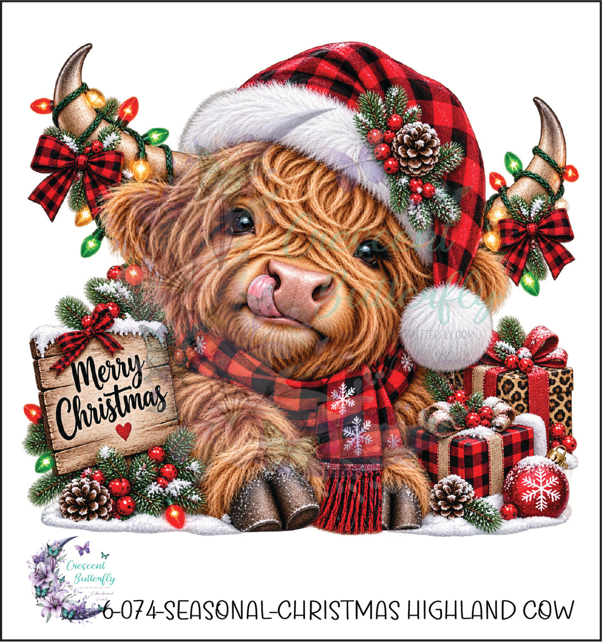 6-074-Seasonal-Christmas Highland Cow UV DTF Decal