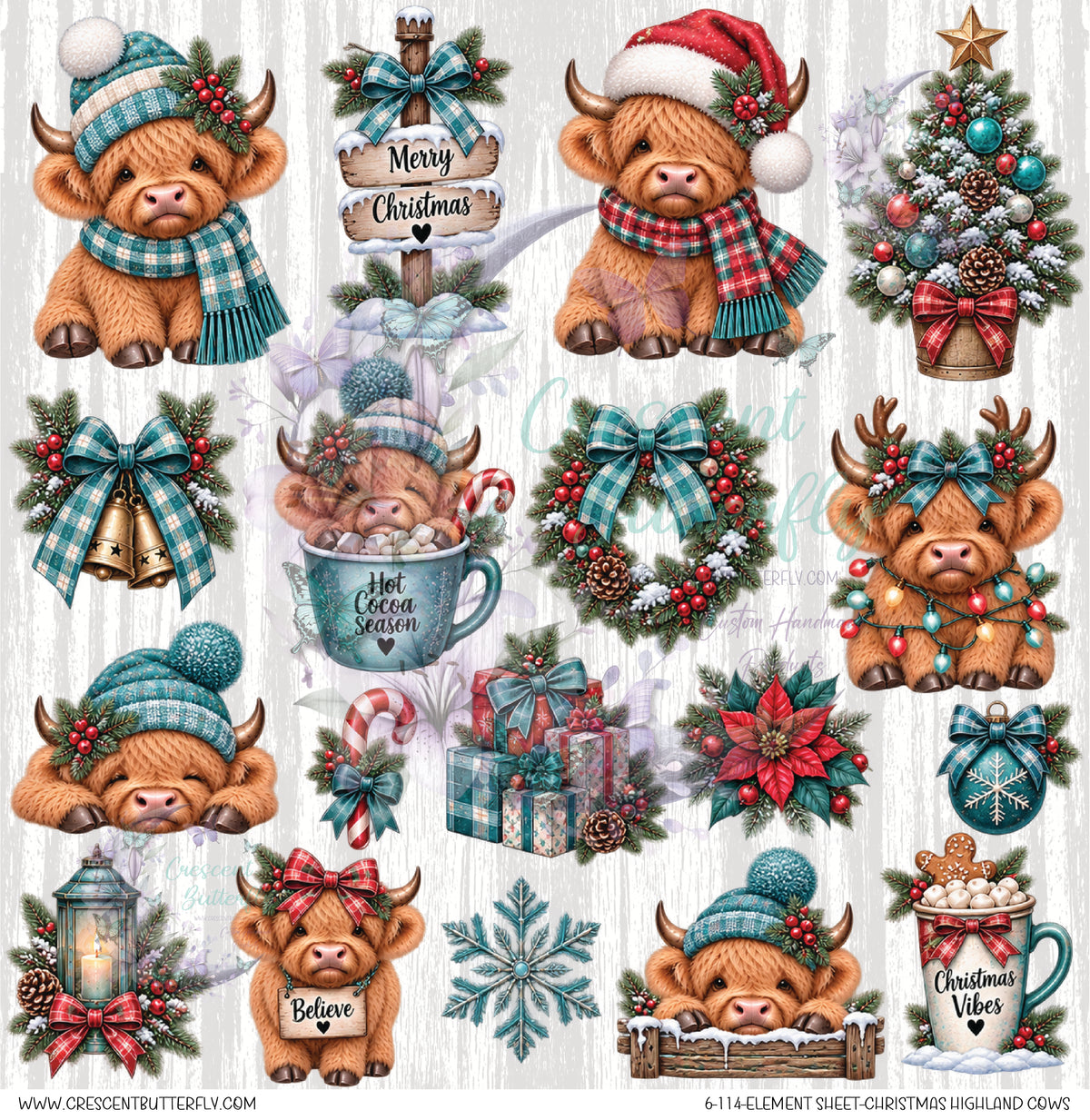 6-114-Element Sheet-Christmas Highland Cows UV DTF