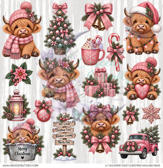 6-118-Element Sheet-Christmas Highland Cows UV DTF