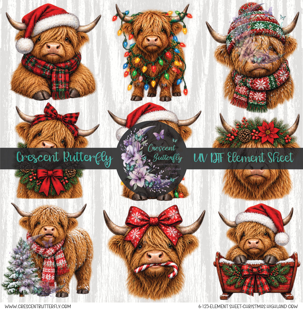 6-125-Element Sheet-Christmas Highland Cow UV DTF