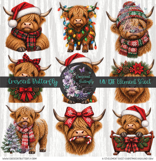 6-125-Element Sheet-Christmas Highland Cow UV DTF