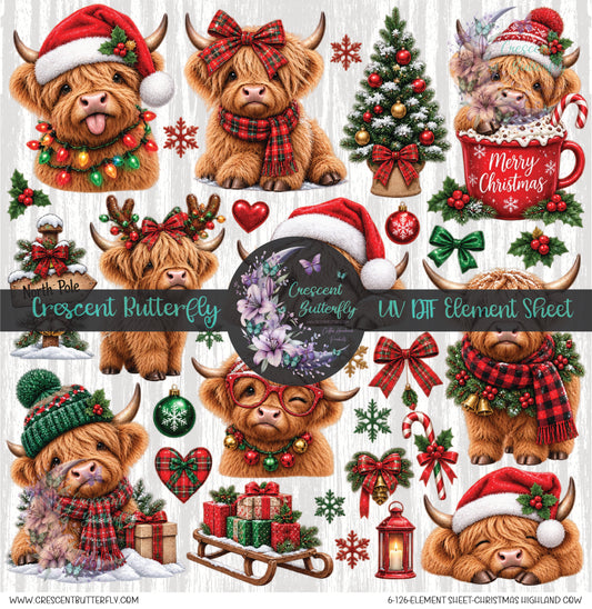 6-126-Element Sheet-Christmas Highland Cow UV DTF