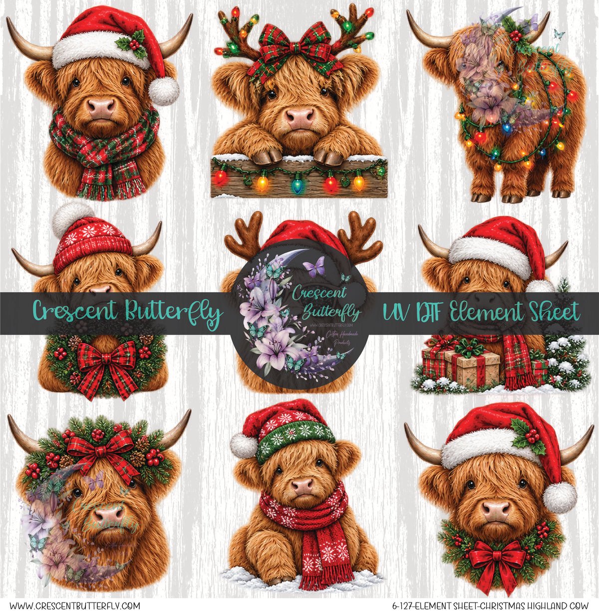 6-127-Element Sheet-Christmas Highland Cow UV DTF