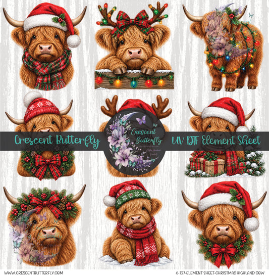 6-127-Element Sheet-Christmas Highland Cow UV DTF