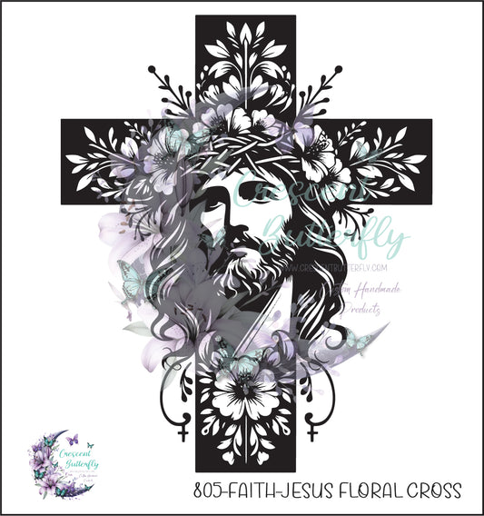 805-Faith-Jesus Floral Cross UV DTF Decal