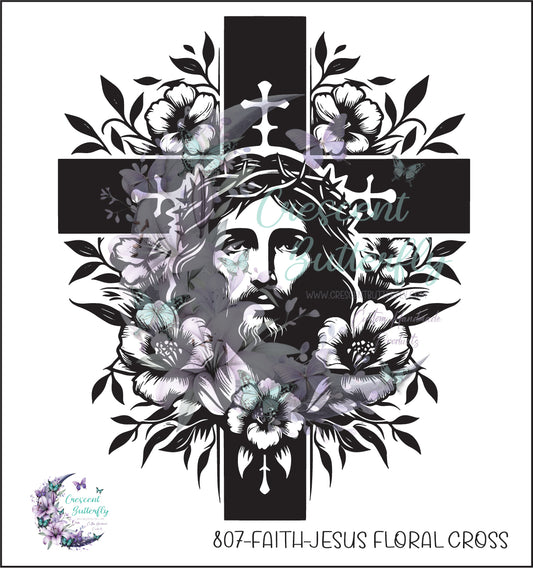 807-Faith-Jesus Floral Cross UV DTF Decal