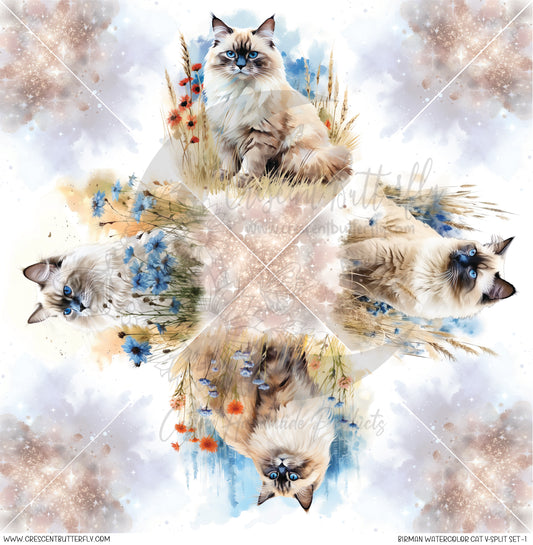 Birman Watercolor Cat V-Split Set -1 Printed Vinyl Sheet/Wrap