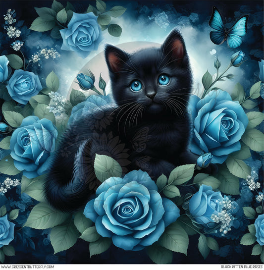 Black Kitten Blue Roses Printed Vinyl Sheet/Wrap