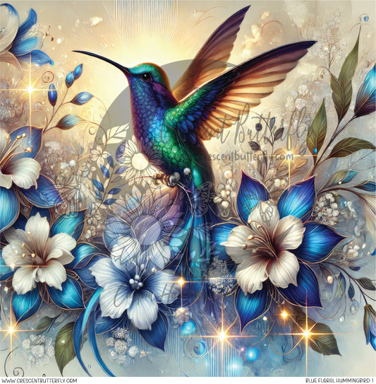 Blue Floral Hummingbird 1 Printed Vinyl Sheet/Wrap