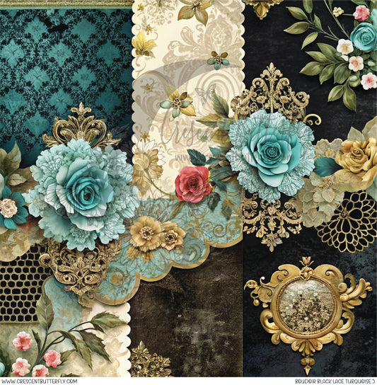 Boudoir Black Lace Turquoise 5 Printed Vinyl Sheet/Wrap
