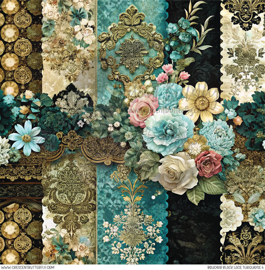 Boudoir Black Lace Turquoise 6 Printed Vinyl Sheet/Wrap