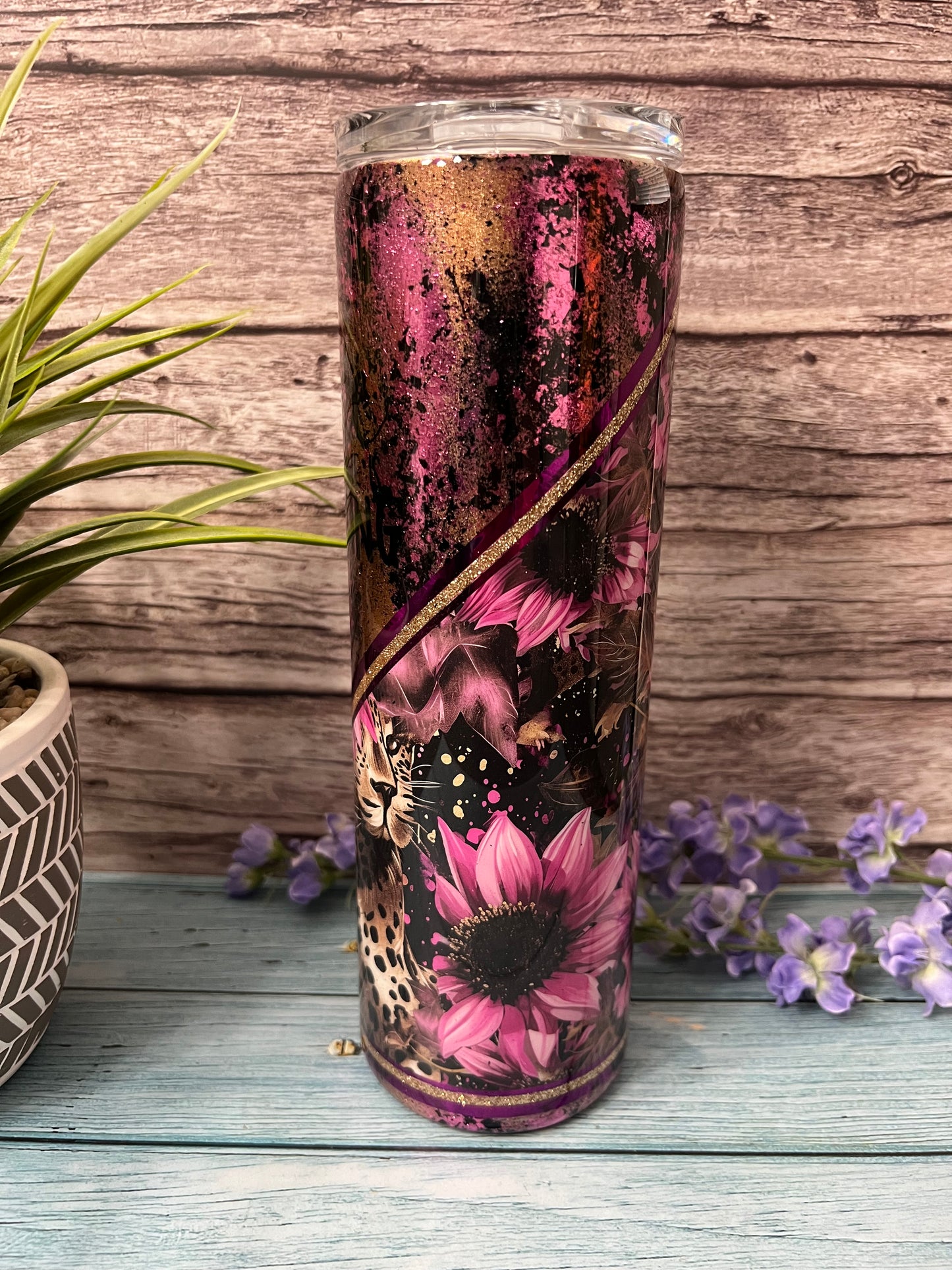 Pink Sunflower Leopard Handmade Custom Epoxy Tumbler