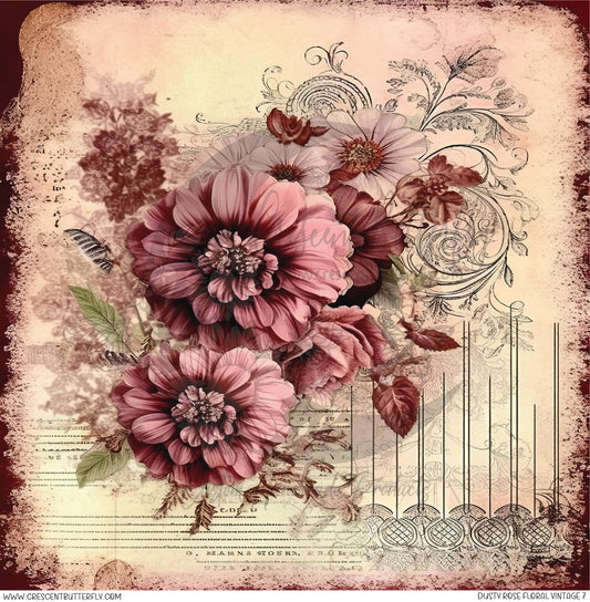 Dusty Rose Floral Vintage 7 Printed Vinyl Sheet/Wrap