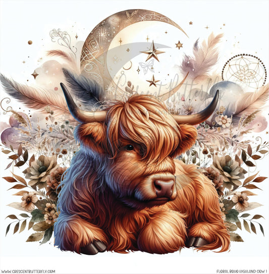 Floral Boho Highland Cow 1 Printed Vinyl Sheet/Wrap