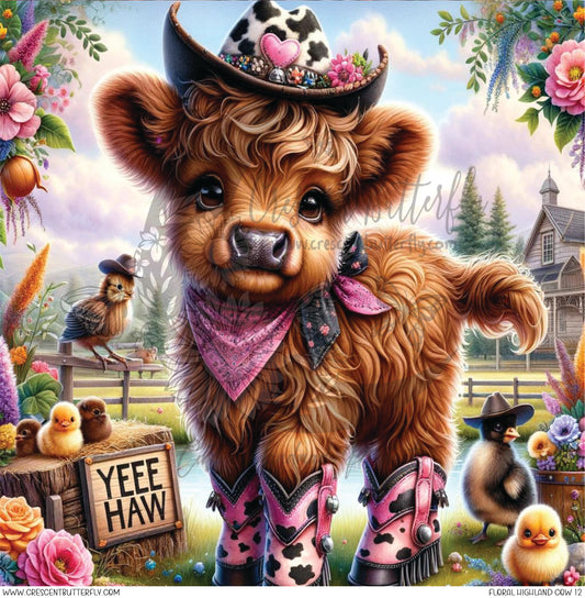 Floral Highland Cow 12 Printed Vinyl Sheet/Wrap