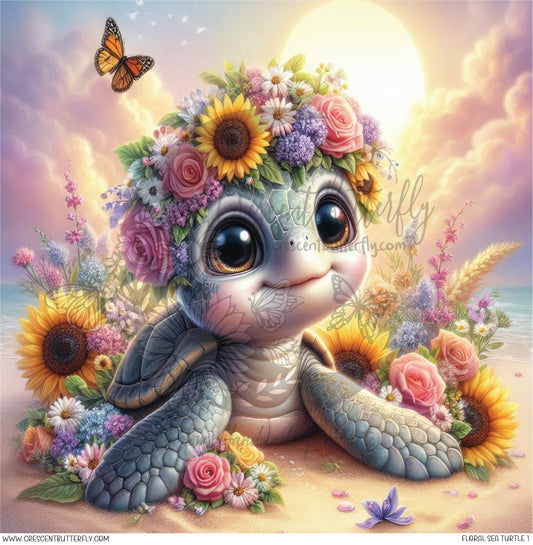 Floral Sea Turtle 1 Printed Vinyl Sheet/Wrap