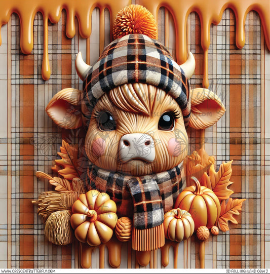3D Fall Highland Cow 2 Printed Vinyl Sheet/Wrap