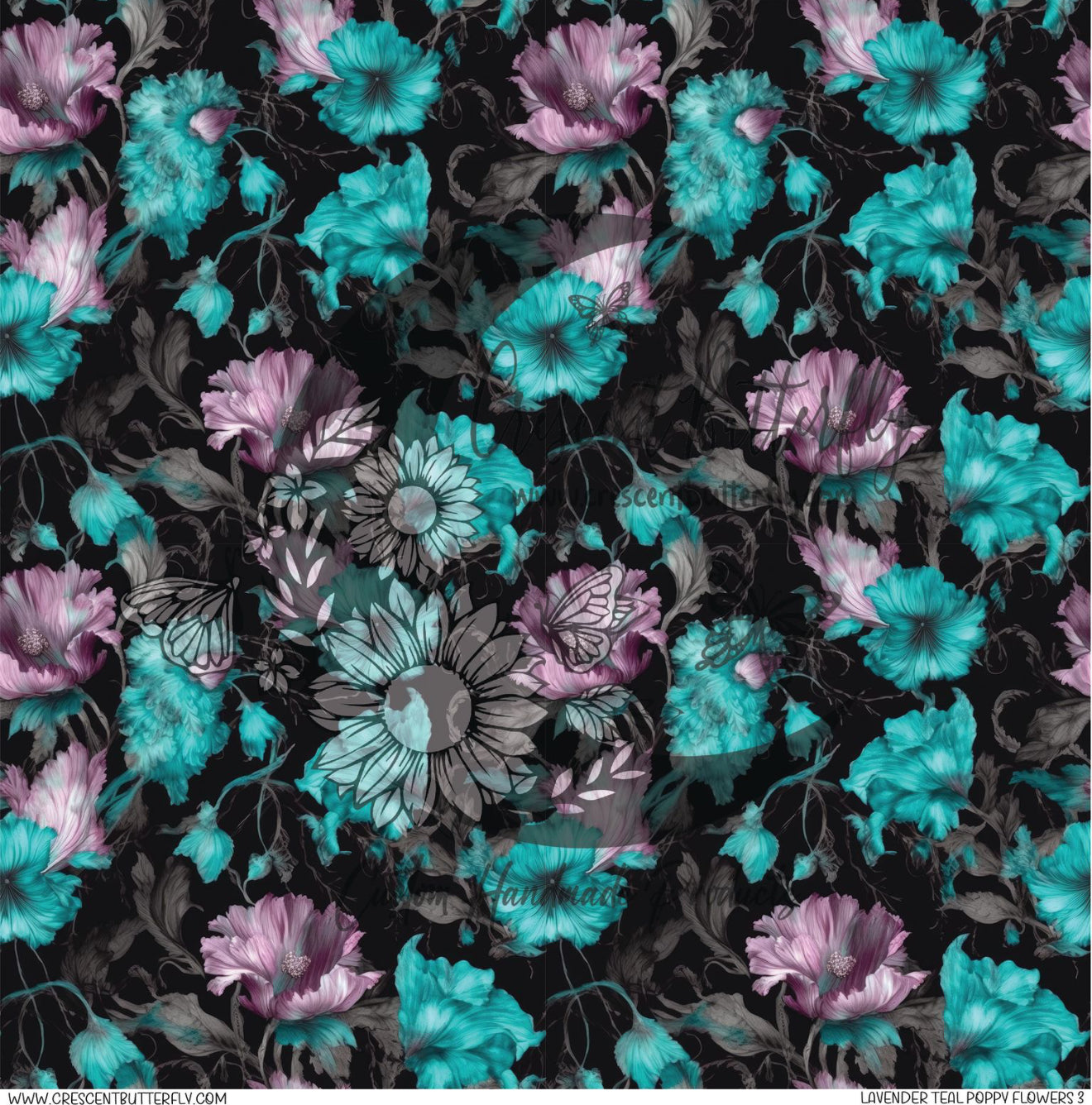 Lavender Teal Poppy Flowers 3 Printed Vinyl Sheet/Wrap