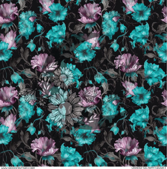 Lavender Teal Poppy Flowers 3 Printed Vinyl Sheet/Wrap