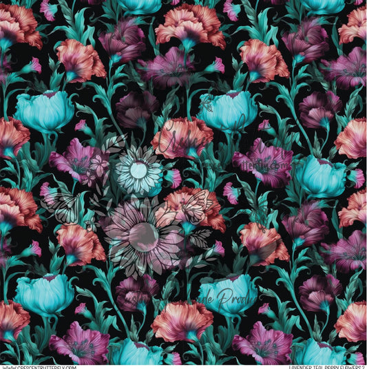 Lavender Teal Poppy Flowers 2 Printed Vinyl Sheet/Wrap