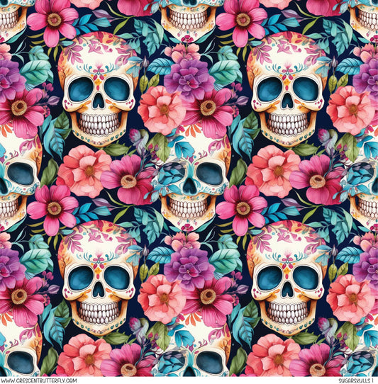 Sugarskulls Floral 1 Printed Vinyl Sheet/Wrap