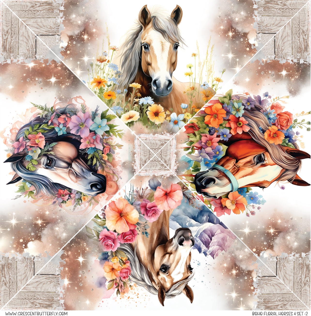 Boho Floral Horses 4 Set-2 Printed Vinyl Sheet/Wrap