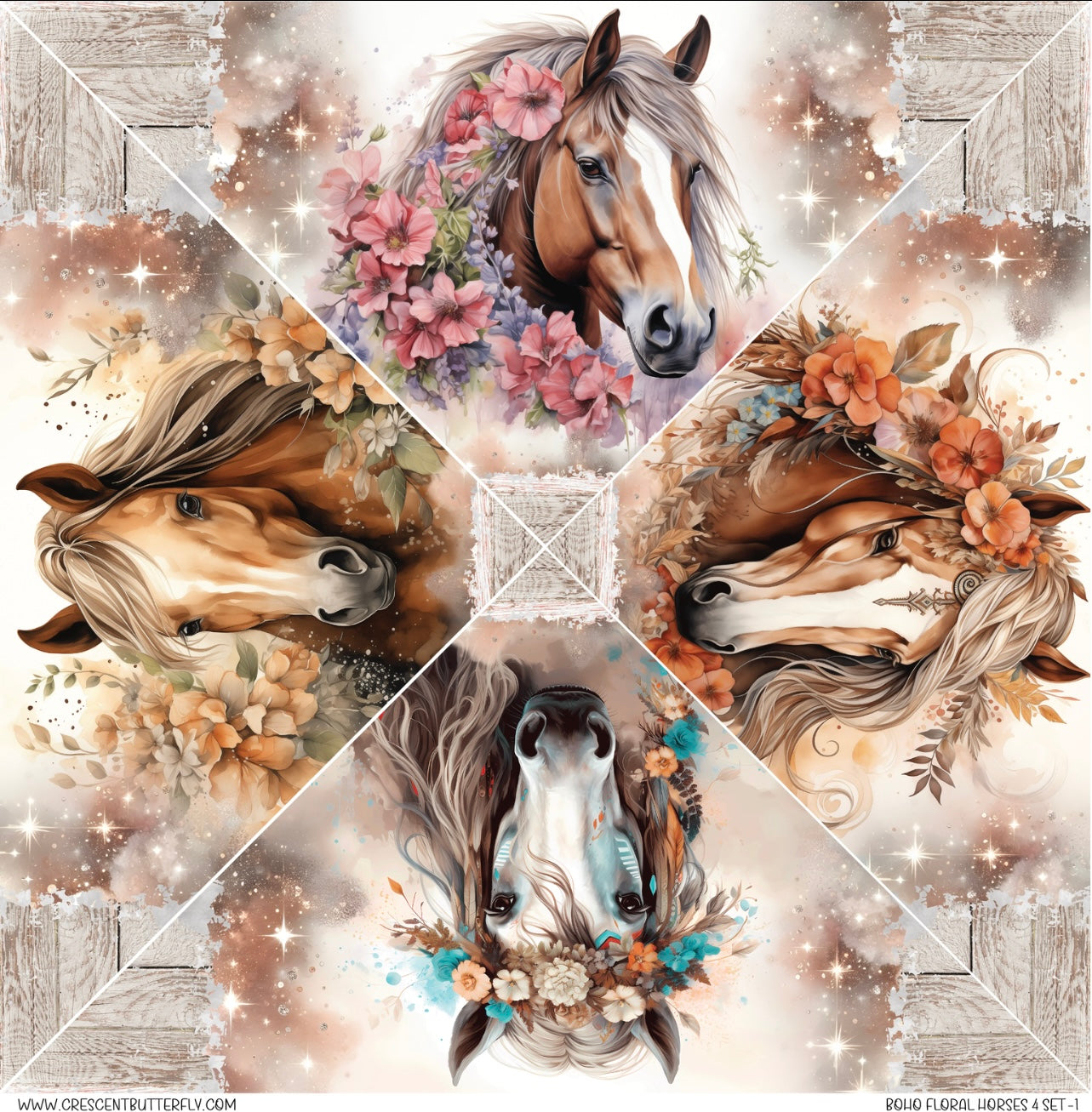 Boho Floral Horses 4 Set-1 Printed Vinyl Sheet/Wrap