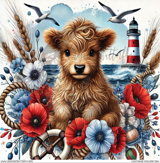 Lighthouse Highland Cow Printed Vinyl Sheet/Wrap
