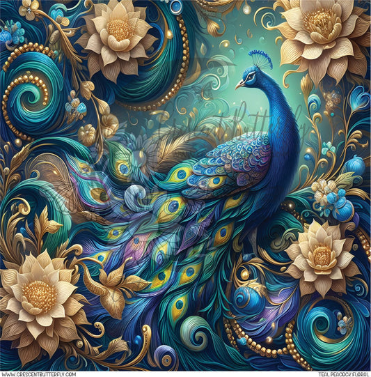 Teal Peacock Floral Printed Vinyl Sheet/Wrap