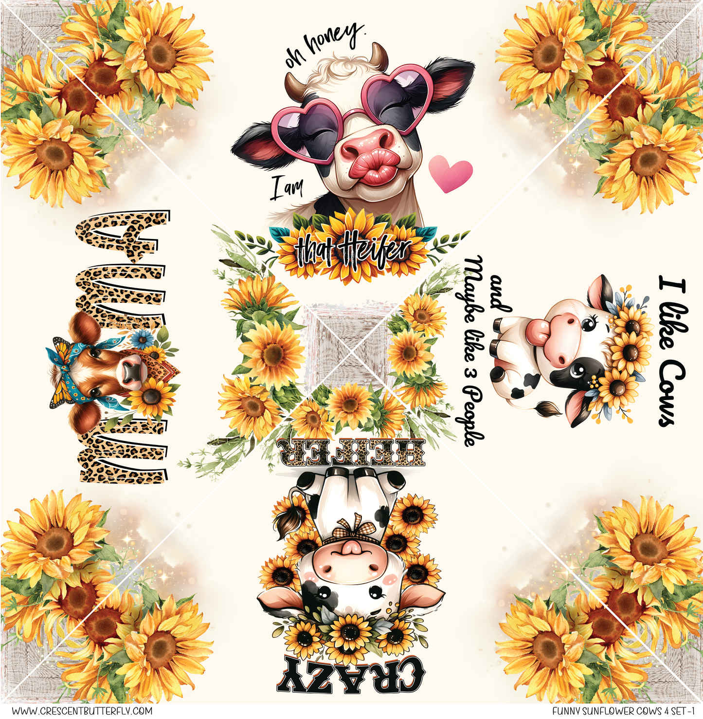 Funny Sunflower Cows 4 Set-1 Printed Vinyl Sheet/Wrap