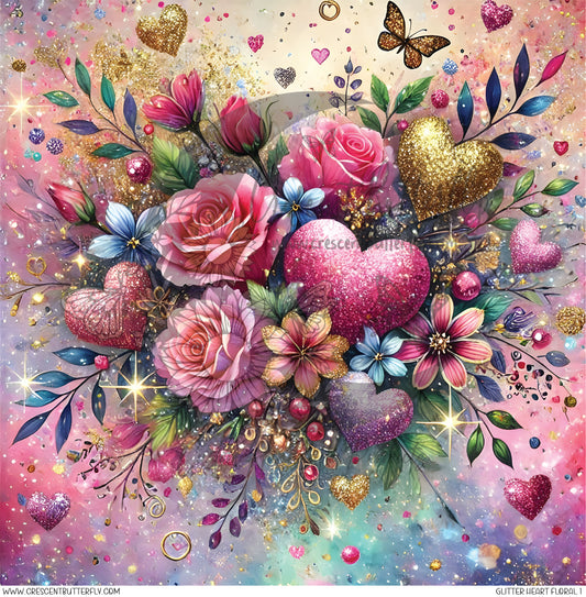 Glitter Heart Floral 1 Printed Vinyl Sheet/Wrap